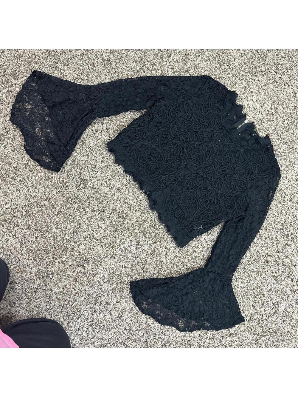 Black Bell Sleeve Crochet Lace Knit Crop top - Large